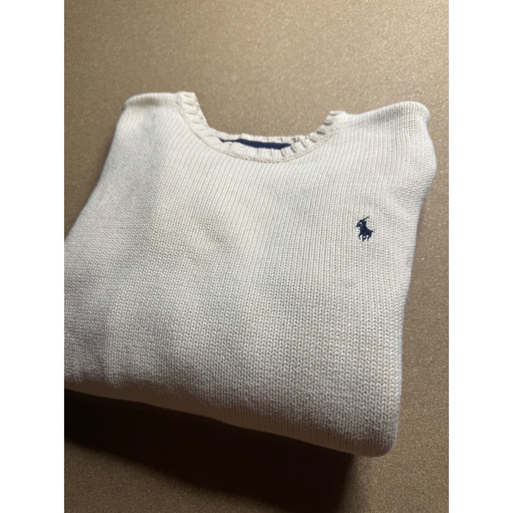 Polo Ralph Lauren Mens Cream Cotton Crewneck Shaker Knit Sweater Size M Pony